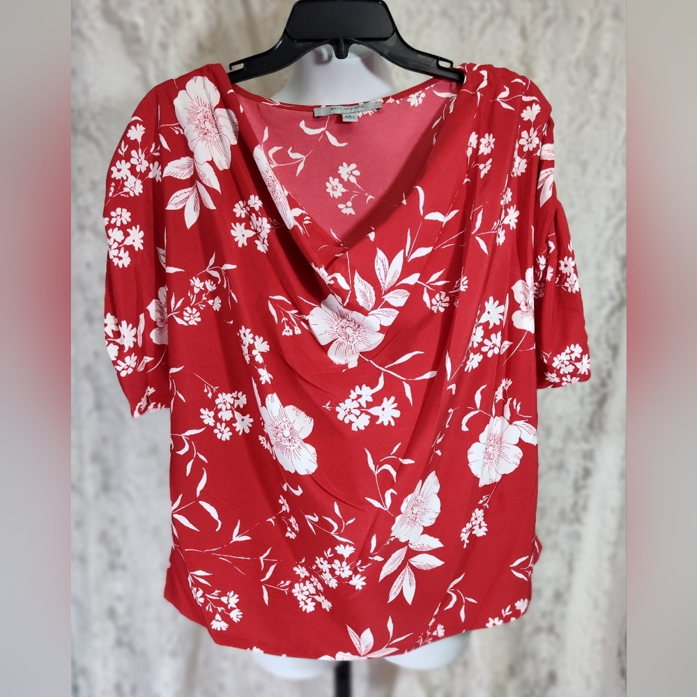Marc New York Red White Asymmetrical Short Sleeve Blouse